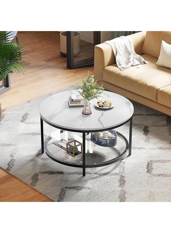 YINZUO Round White Marble Coffee Table with Black Metal Frame, Modern 2-Tier Living Room Table with Glass Lower Shelf for Storage & Display - Image 3