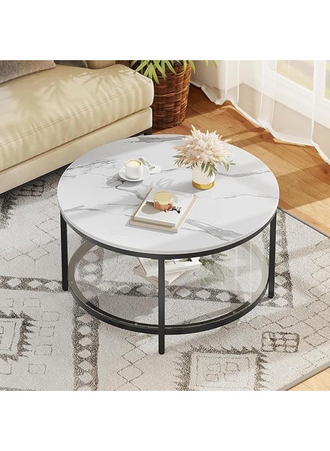 YINZUO Round White Marble Coffee Table with Black Metal Frame, Modern 2-Tier Living Room Table with Glass Lower Shelf for Storage & Display - Image 1