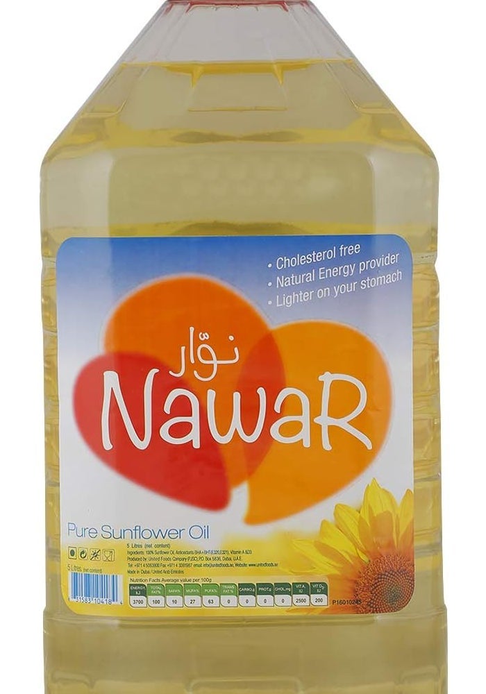 Nawar Pure Sunflower Oil, 5 Liters - Cholesterol Free, Enriched with Vitamins A & D3 - Image 1