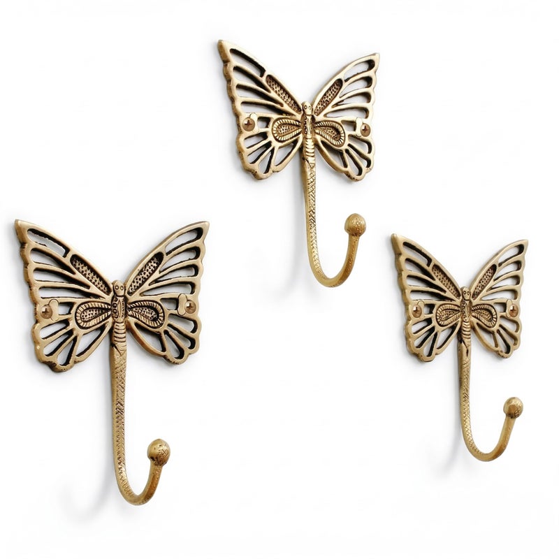 Indian-Shelf Indian Shelf Solid Brass Butterfly Wall Hooks - Vintage Gold Decorative Hooks for Coats, Backpacks- Cute Heavy Duty Hangers for Kids Room, Entryway, Kitchen, Mudroom - Pack of 3 - Image 1