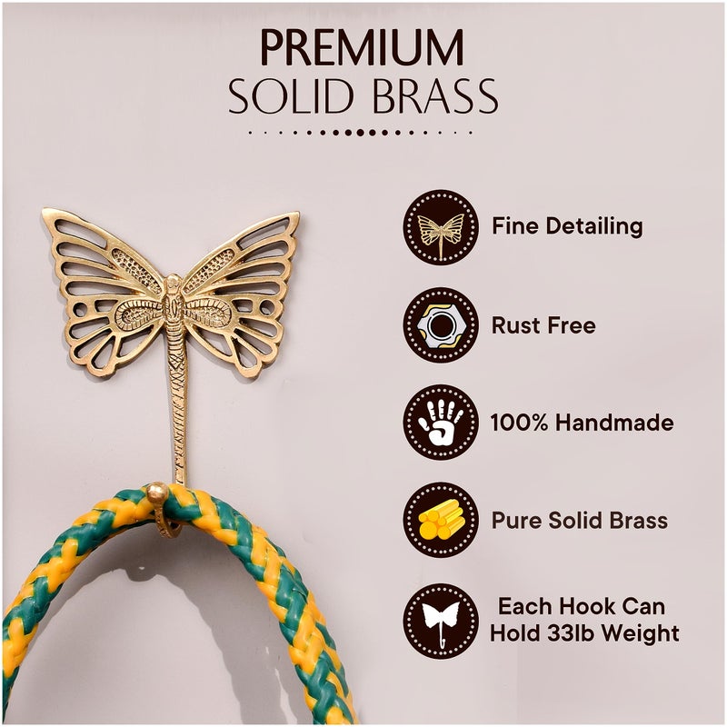 Indian-Shelf Indian Shelf Solid Brass Butterfly Wall Hooks - Vintage Gold Decorative Hooks for Coats, Backpacks- Cute Heavy Duty Hangers for Kids Room, Entryway, Kitchen, Mudroom - Pack of 3 - Image 3