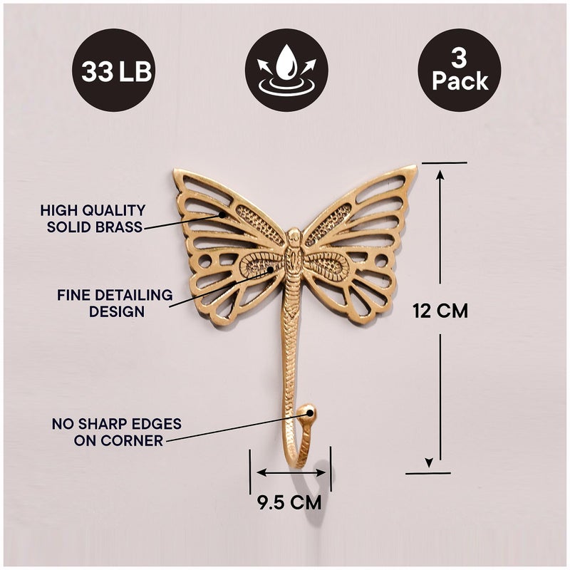 Indian-Shelf Indian Shelf Solid Brass Butterfly Wall Hooks - Vintage Gold Decorative Hooks for Coats, Backpacks- Cute Heavy Duty Hangers for Kids Room, Entryway, Kitchen, Mudroom - Pack of 3 - Image 5