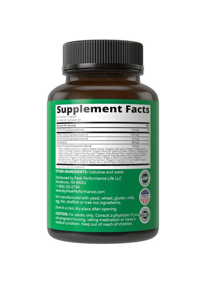 Vitamin K with Whole Food Blend of 25+ Vegetables and Fruits for Max Absorption. Vegan Capsules Supplement. Vitamins K1, K-2 MK4 + K2 Natto MK7. Alternative to Drops, Gummies. VIT K with K 2 and MK-7