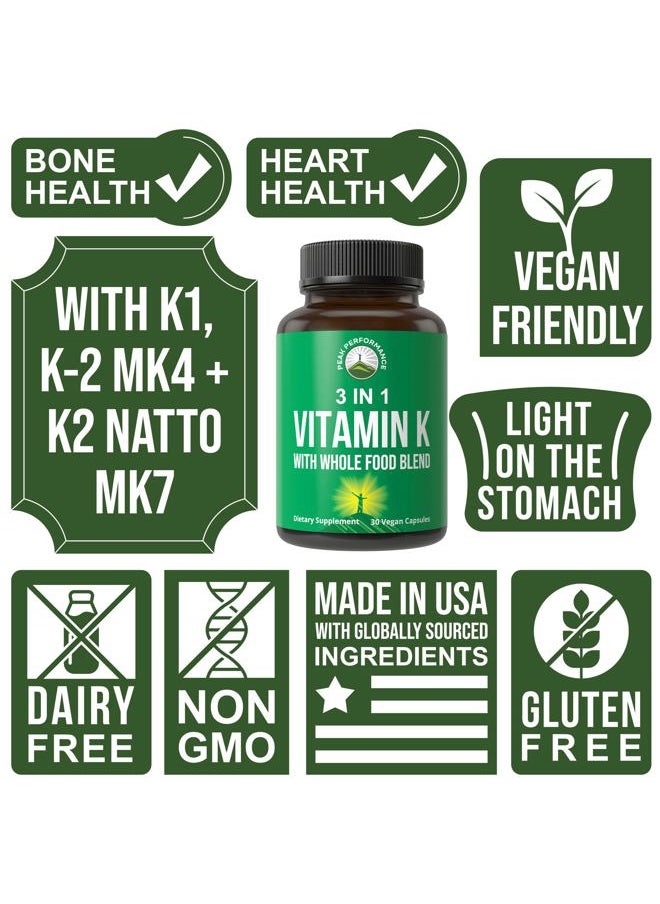 Peak Performance Vitamin K with Whole Food Blend of 25+ Vegetables and Fruits for Max Absorption. Vegan Capsules Supplement. Vitamins K1, K-2 MK4 + K2 Natto MK7. Alternative to Drops, Gummies. VIT K with K 2 and MK-7  - Image 3