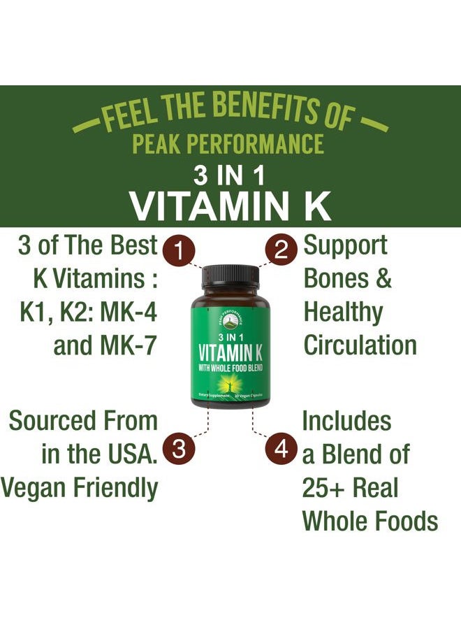 Peak Performance Vitamin K with Whole Food Blend of 25+ Vegetables and Fruits for Max Absorption. Vegan Capsules Supplement. Vitamins K1, K-2 MK4 + K2 Natto MK7. Alternative to Drops, Gummies. VIT K with K 2 and MK-7  - Image 2