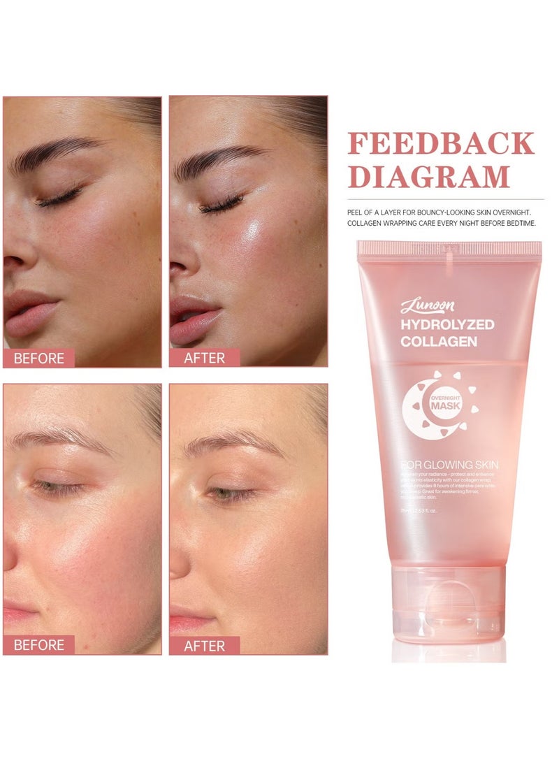 LUNOON - Collagen Night Wrapping Mask, Overnight Peel Off Hydrolyzed Collagen Facial Mask for Elasticity & Hydration, Tight Skin, Reduce Sagging & Dullness, 75ML(Brush Included) - Image 1