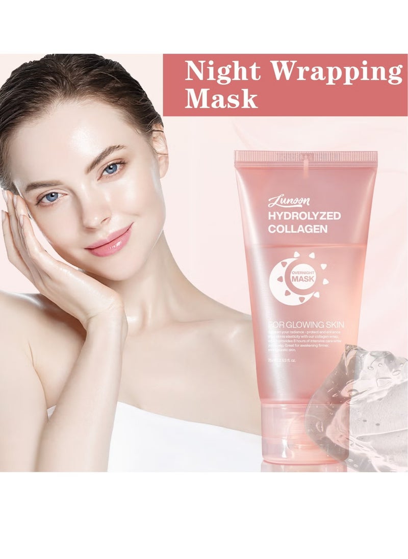 LUNOON - Collagen Night Wrapping Mask, Overnight Peel Off Hydrolyzed Collagen Facial Mask for Elasticity & Hydration, Tight Skin, Reduce Sagging & Dullness, 75ML(Brush Included) - Image 1
