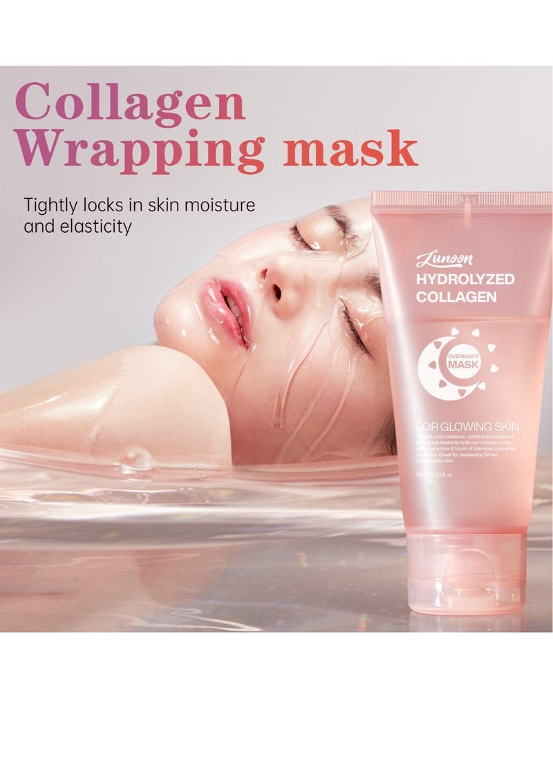 LUNOON - Collagen Night Wrapping Mask, Overnight Peel Off Hydrolyzed Collagen Facial Mask for Elasticity & Hydration, Tight Skin, Reduce Sagging & Dullness, 75ML(Brush Included) - Image 1
