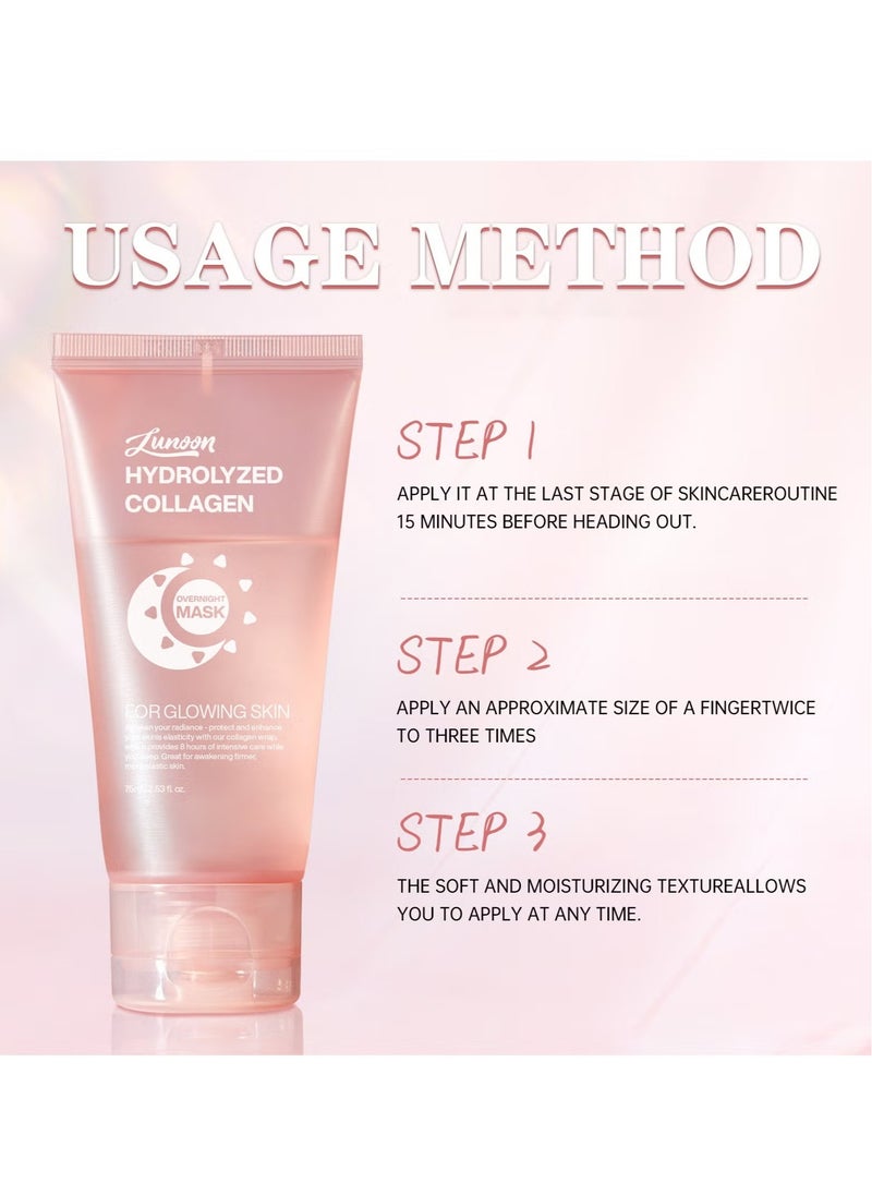 LUNOON - Collagen Night Wrapping Mask, Overnight Peel Off Hydrolyzed Collagen Facial Mask for Elasticity & Hydration, Tight Skin, Reduce Sagging & Dullness, 75ML(Brush Included) - Image 1