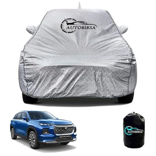 AUTOBIRSA Waterproof Car Body Cover for Maruti Grand Vitara with Mirror and Antenna Pocket and Soft Cotton Lining (4 Side Elastic Triple Stitched & Metallic Silver with Black Piping Style) - Image 1