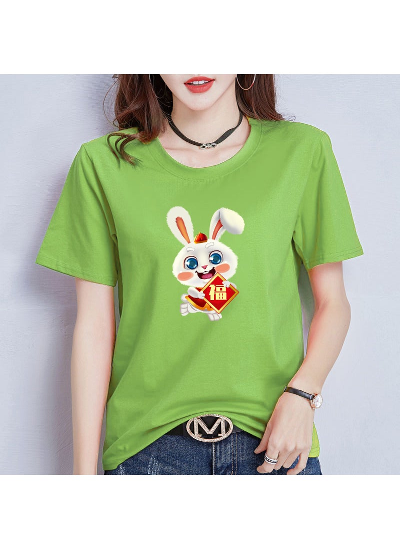 Generic Casual round Neck Short Sleeve T-Shirt Couple Tops Rabbit Year Lucky Year Gift Men Women Activity Wear Milk Silk Polyester Spandex Cartoon Pattern Yellow  - Image 2