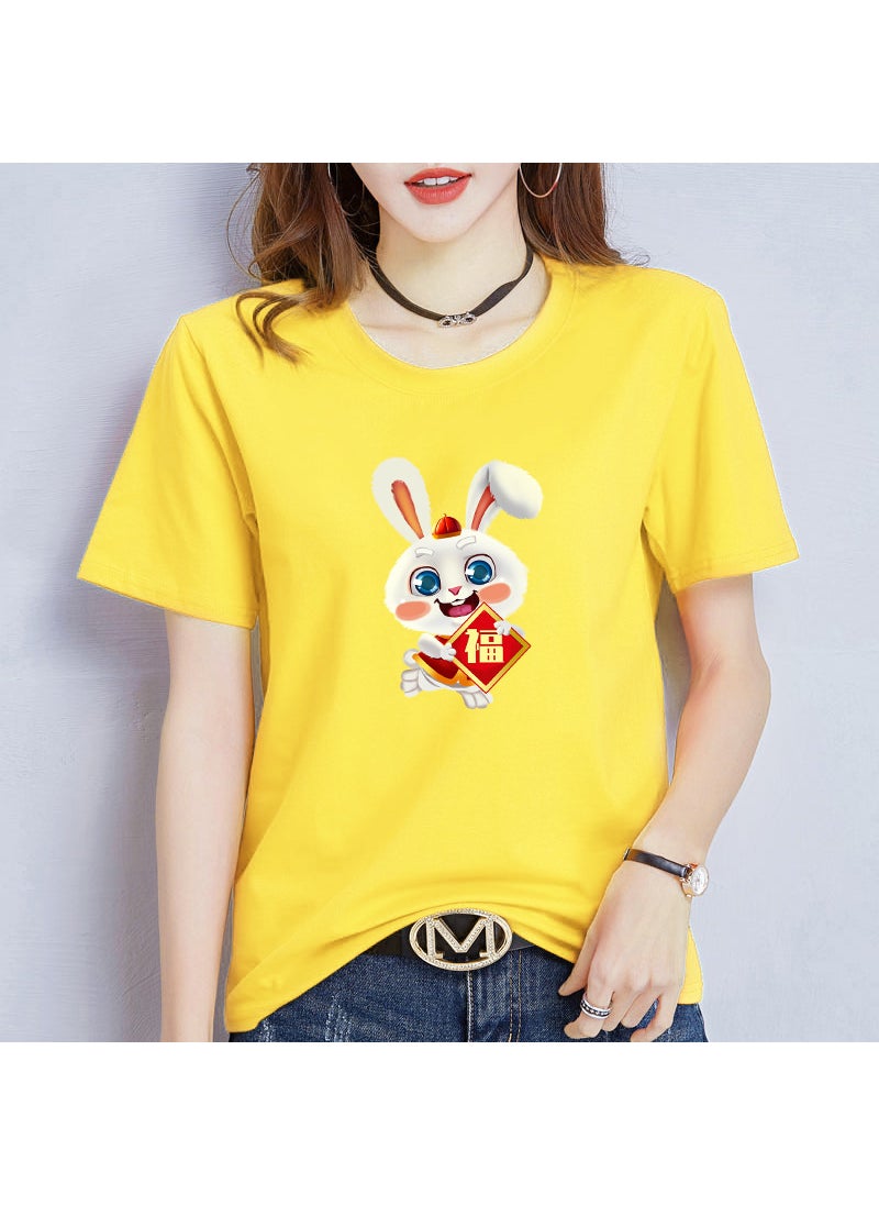 Generic Casual round Neck Short Sleeve T-Shirt Couple Tops Rabbit Year Lucky Year Gift Men Women Activity Wear Milk Silk Polyester Spandex Cartoon Pattern Yellow  - Image 1