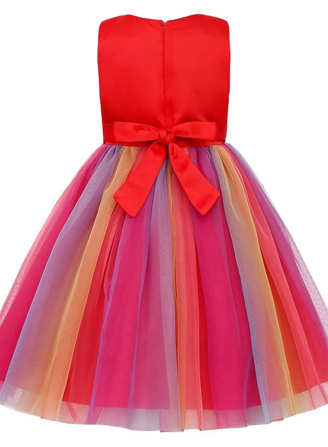 Uhnice Little Girl's Sequin Sleeveless Mesh Rainbow Dress for Wedding Party (Red, 6-7/140) - Image 3