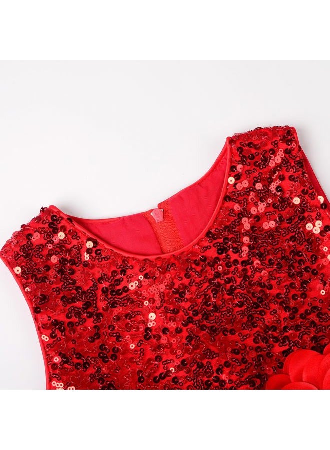 Uhnice Little Girl's Sequin Sleeveless Mesh Rainbow Dress for Wedding Party (Red, 6-7/140) - Image 4