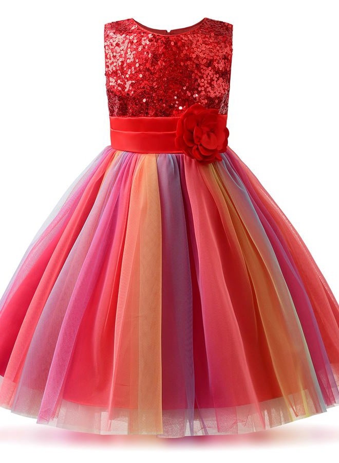 Uhnice Little Girl's Sequin Sleeveless Mesh Rainbow Dress for Wedding Party (Red, 6-7/140) - Image 1