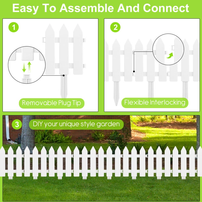 PLULON 12 Pieces Garden Fence with 12 Pieces Fence Insert White Plastic Fence Garden Picket Fence Edgings Lawn Flowerbeds Plant Borders Decorative Garden Yard - Image 3