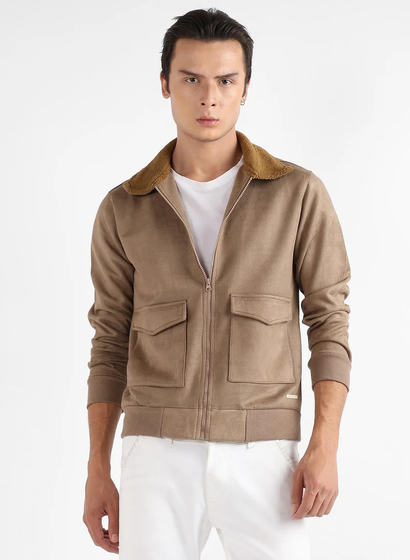 Campus Sutra Men's Beige Zip-Front Jacket With Fleece Collar