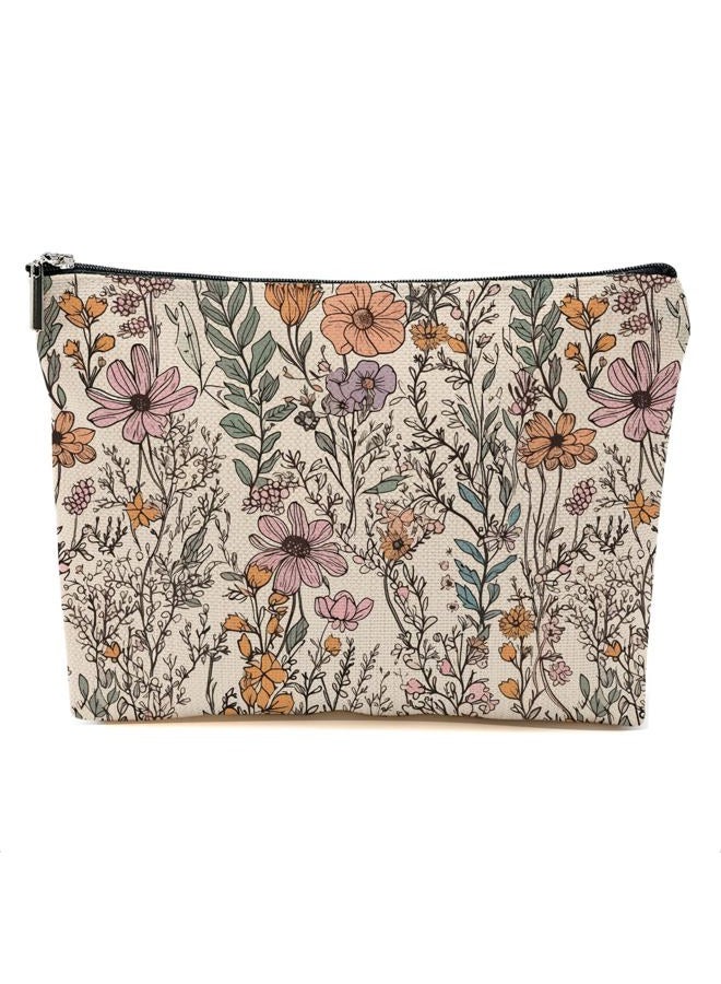 DHKG Vintage Wildflowers Makeup Bag Floral Garden Flower Cosmetic Bag Friend Friendship Gifts for Women Girls Sister Coworker Botanical Travel Organizer Zipper Pouch Christmas Thanksgiving Birthday Gifts - Image 1