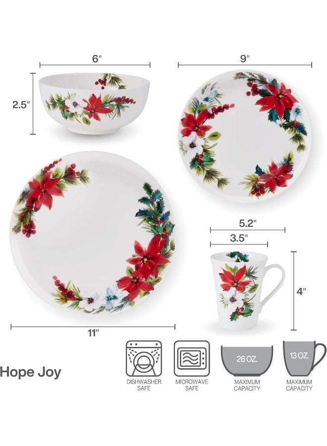 Mikasa Hope Joy Holiday Poinsettia Bone China Lightweight Chip Resistant 16 Piece Dinnerware Set Service for 4 Multicolor - Image 4