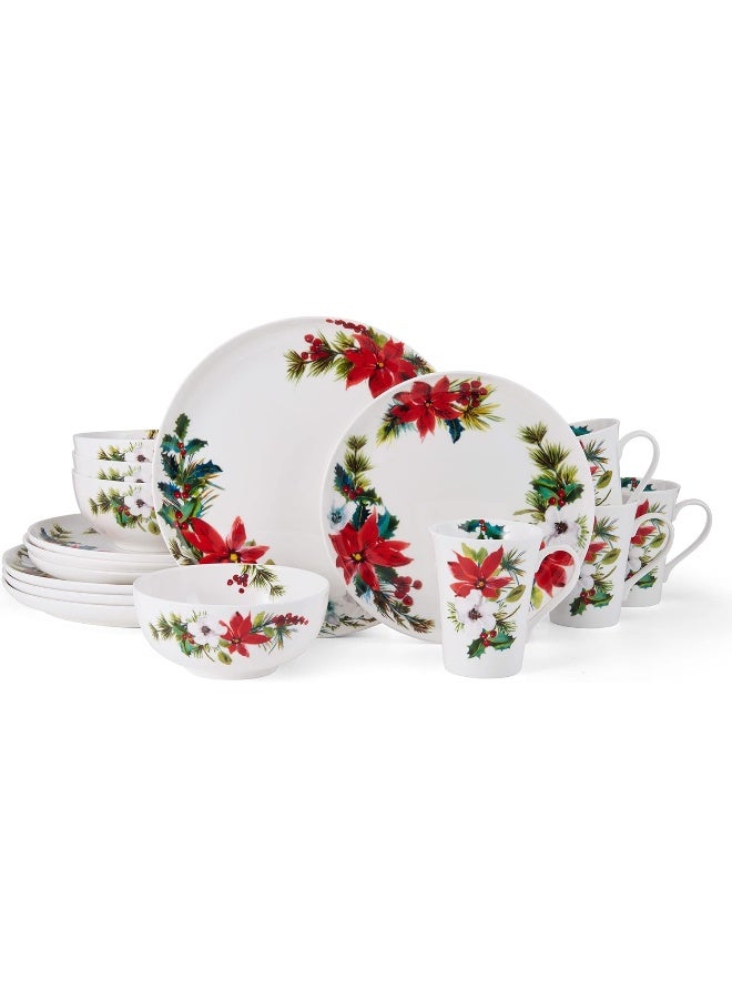 Mikasa Hope Joy Holiday Poinsettia Bone China Lightweight Chip Resistant 16 Piece Dinnerware Set Service for 4 Multicolor - Image 1