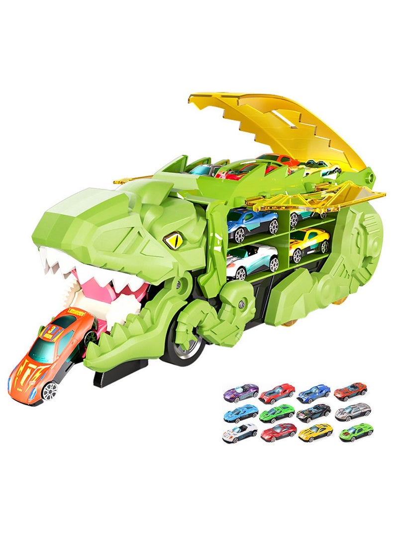 Transporter Truck Toy with 12 Racing Cars, Dinosaur Truck  Toy Cars Monster Truck Carrier Set for Kids, Green  - Image 1