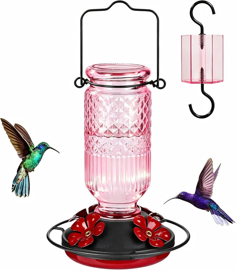 FEED GARDEN Glass Hummingbird Feeders for Outdoors, 16 OZ Pink Hummingbird Feeder with 4 Bee Guard Feeding Ports & Built-in Ant Moat, Humming Bird Feeder, Gifts for Women Mom,1 Pack - Image 1