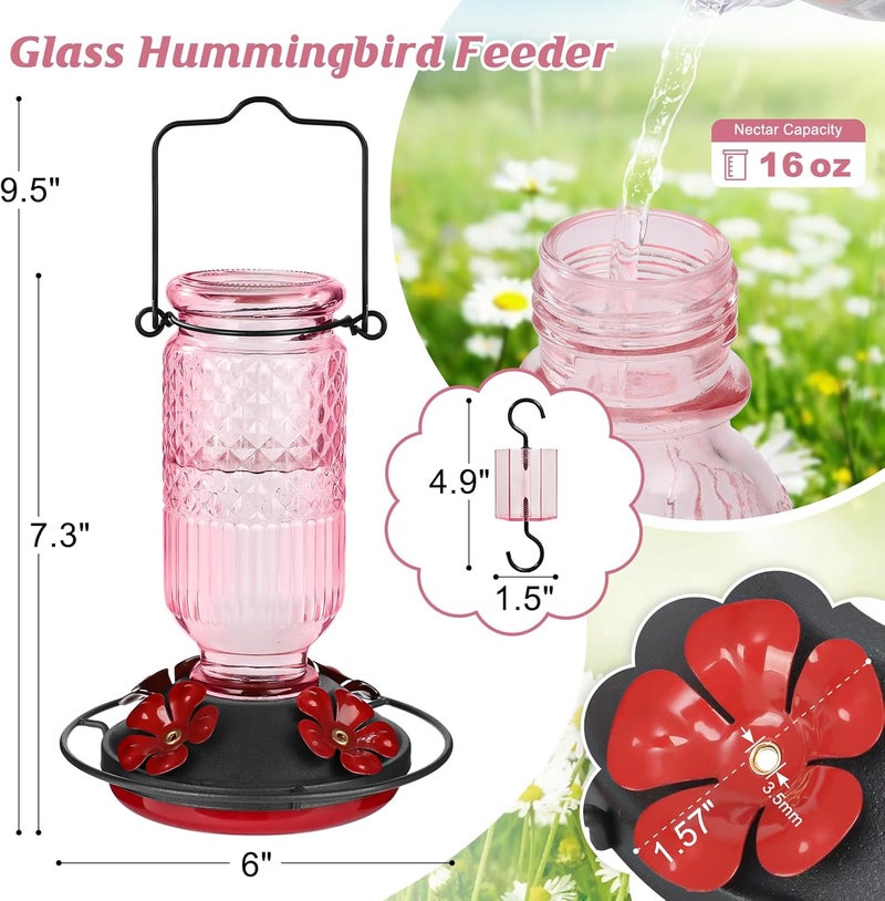 FEED GARDEN Glass Hummingbird Feeders for Outdoors, 16 OZ Pink Hummingbird Feeder with 4 Bee Guard Feeding Ports & Built-in Ant Moat, Humming Bird Feeder, Gifts for Women Mom,1 Pack - Image 2