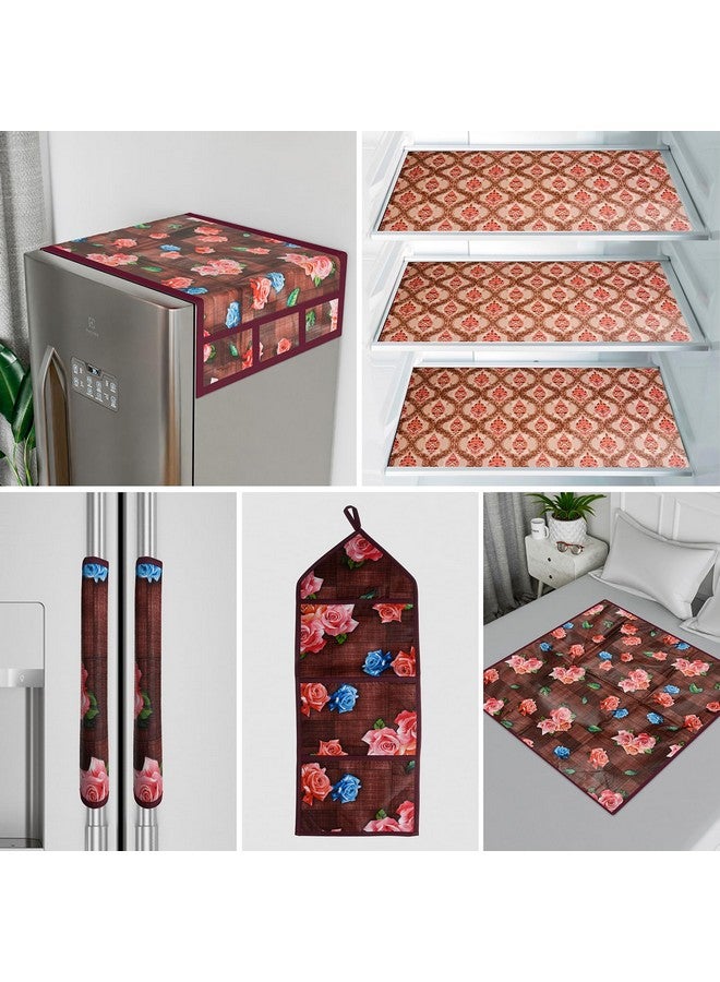 Kuber Industries Food Mat | Fridge Combo Set | Fridge Mat | Fridge Top Cover | Reversible Bed Server Mat | Gulab 7 Pcs Fridge Top Combo | Hanging Organizer | Maroon - Image 1