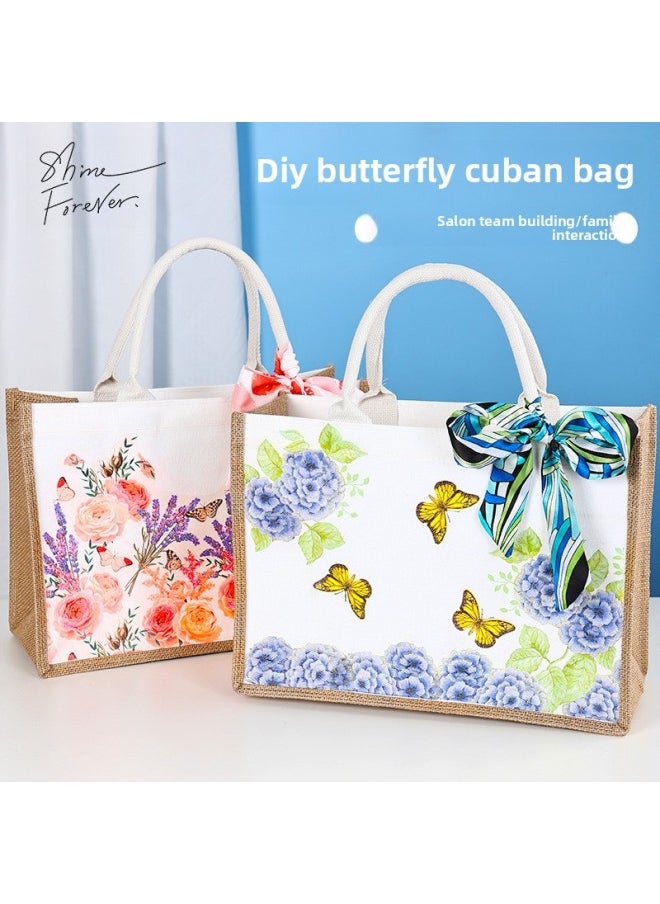 Generic - Butterfly Ancient Bart Material Bag Diy Mother's Day Canvas Bag Children's Handmade Creative Linen Bag Group Building Activity Gift-Color:Vertical Style [niaomeng Butterfly] Comes With A Full Set Of Tools + Detailed Tutorials - Image 1