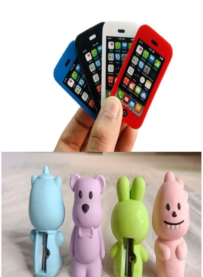 YONIMI 4 pcs Cartoon Eraser with Pencil Sharpener and 4 pcs Mobile Eraser (Pack of 8) - Image 1