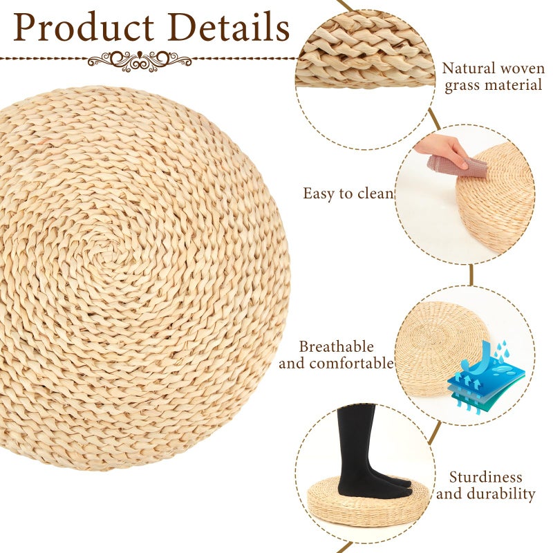 Barydat 6 Pcs Floor Cushions Round Large Pillow Seating Meditation Floor Pillow Boho Natural Woven Seat Cushion Japanese Tatami Cushion for Yoga Room Balcony Chair Pad, 15.75 Inch - Image 3