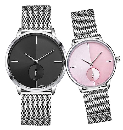 SENRUD Ultra Thin Simple Couples Watches His and Hers Stainless Steel Mesh Strap Pair Watch Gifts Set Men and Women Quartz Watches (Black) - Image 1