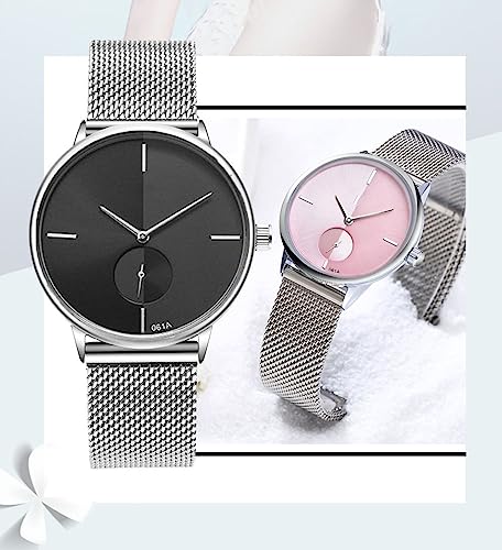 SENRUD Ultra Thin Simple Couples Watches His and Hers Stainless Steel Mesh Strap Pair Watch Gifts Set Men and Women Quartz Watches (Black) - Image 2