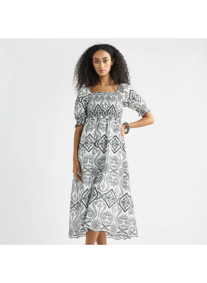 FAV Printed A-Line Midi Dress with Shirred Detail and Short Sleeves