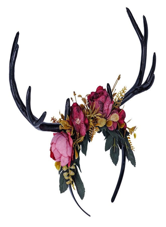 MOSTORY Handmade Dark Antler Flower Headband Fairy Floral Headpiece Black Horns Hairband Medieval Woodland Crown for Renaissance Festival Cosplay Halloween Wedding Fae Ball Masquerade - Image 1