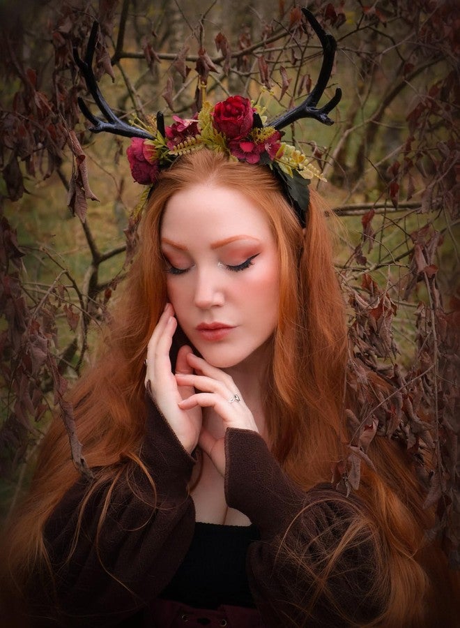 MOSTORY Handmade Dark Antler Flower Headband Fairy Floral Headpiece Black Horns Hairband Medieval Woodland Crown for Renaissance Festival Cosplay Halloween Wedding Fae Ball Masquerade - Image 3