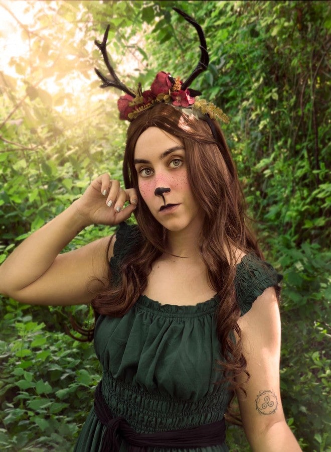 MOSTORY Handmade Dark Antler Flower Headband Fairy Floral Headpiece Black Horns Hairband Medieval Woodland Crown for Renaissance Festival Cosplay Halloween Wedding Fae Ball Masquerade - Image 2