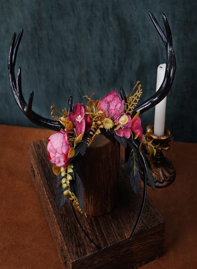 MOSTORY Handmade Dark Antler Flower Headband Fairy Floral Headpiece Black Horns Hairband Medieval Woodland Crown for Renaissance Festival Cosplay Halloween Wedding Fae Ball Masquerade - Image 5