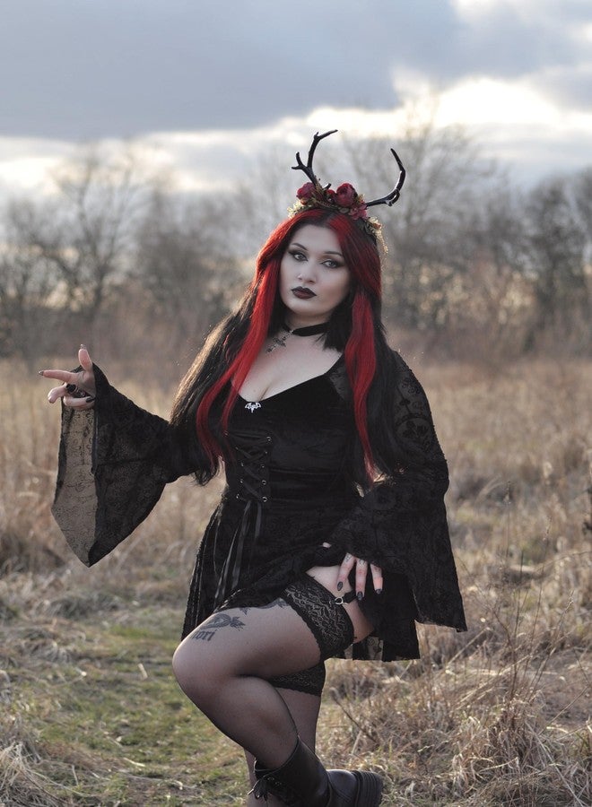 MOSTORY Handmade Dark Antler Flower Headband Fairy Floral Headpiece Black Horns Hairband Medieval Woodland Crown for Renaissance Festival Cosplay Halloween Wedding Fae Ball Masquerade - Image 4