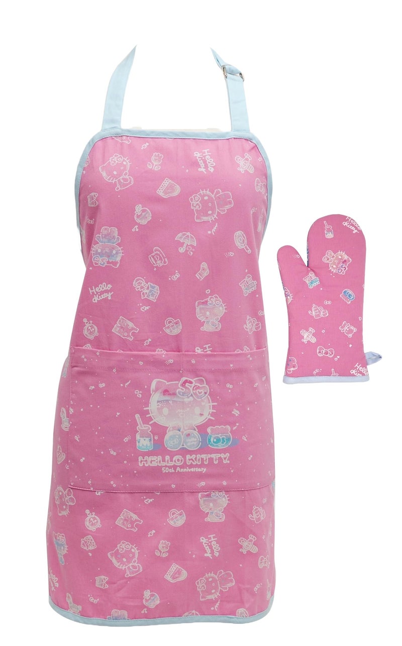 Handstand Kitchen Hello Kitty Commemorative 50th Anniversary Print 28" Adult Apron and Oven Mitt Set - Image 1