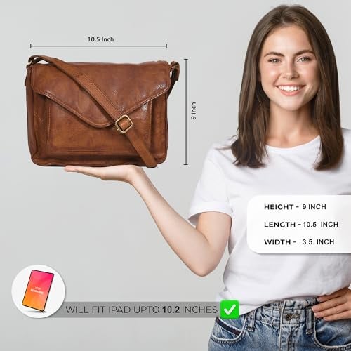 Ozora Leather Flapover Crossbody Handbag Purse for Women with Adjustable Strap & Overflap Snap Closure Tote/Bag (Tan wash) - Image 2