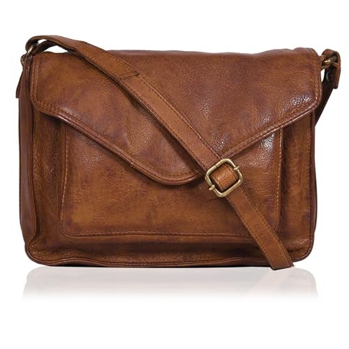 Ozora Leather Flapover Crossbody Handbag Purse for Women with Adjustable Strap & Overflap Snap Closure Tote/Bag (Tan wash) - Image 1