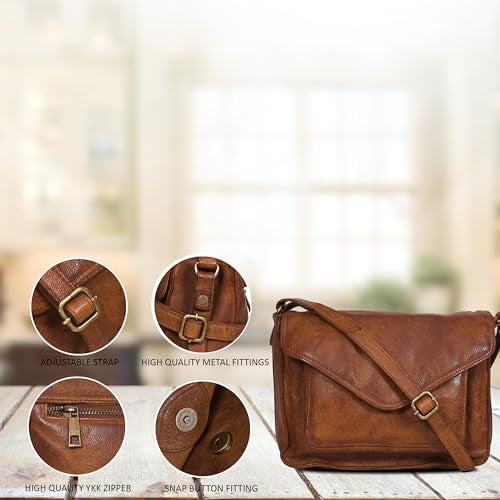 Ozora Leather Flapover Crossbody Handbag Purse for Women with Adjustable Strap & Overflap Snap Closure Tote/Bag (Tan wash) - Image 5