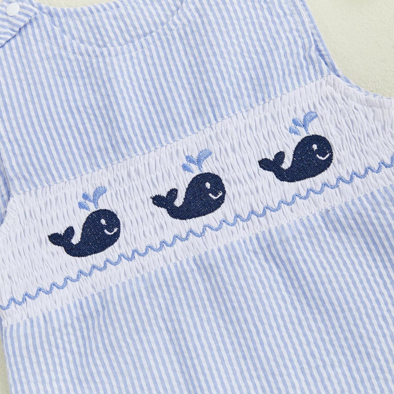 Arvbitana Newborn Baby Boys Sleeveless Seersucker Romper One Piece Straps Overalls Striped Jumpsuit Summer Smocked Clothes (A-Blue, 0-3 Months) - Image 5