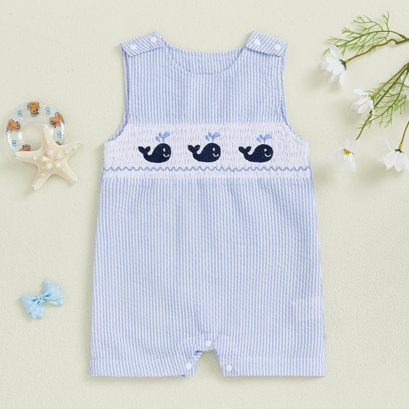 Arvbitana Newborn Baby Boys Sleeveless Seersucker Romper One Piece Straps Overalls Striped Jumpsuit Summer Smocked Clothes (A-Blue, 0-3 Months) - Image 2