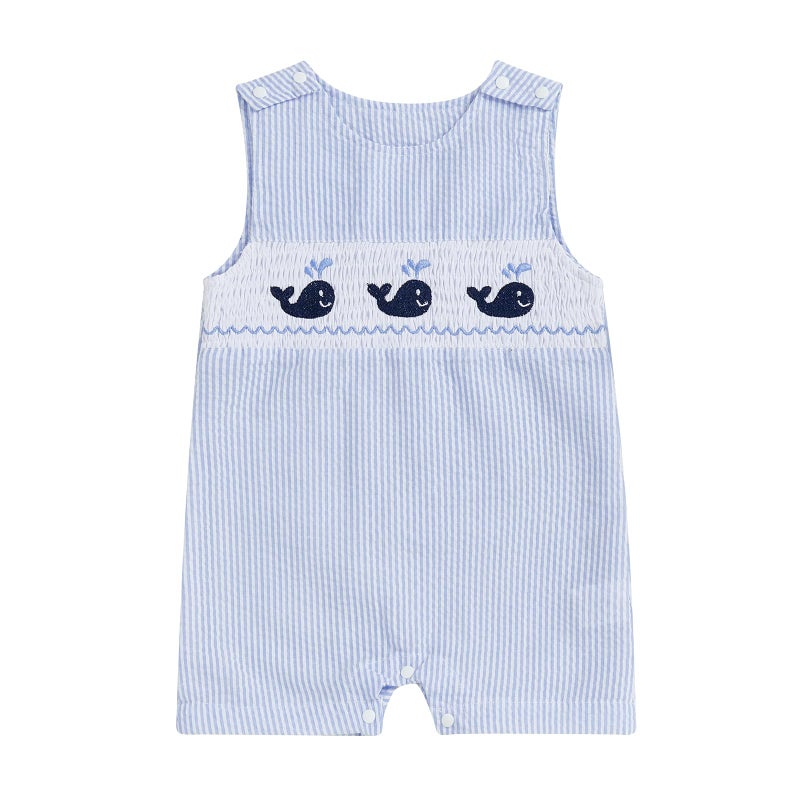 Arvbitana Newborn Baby Boys Sleeveless Seersucker Romper One Piece Straps Overalls Striped Jumpsuit Summer Smocked Clothes (A-Blue, 0-3 Months) - Image 1
