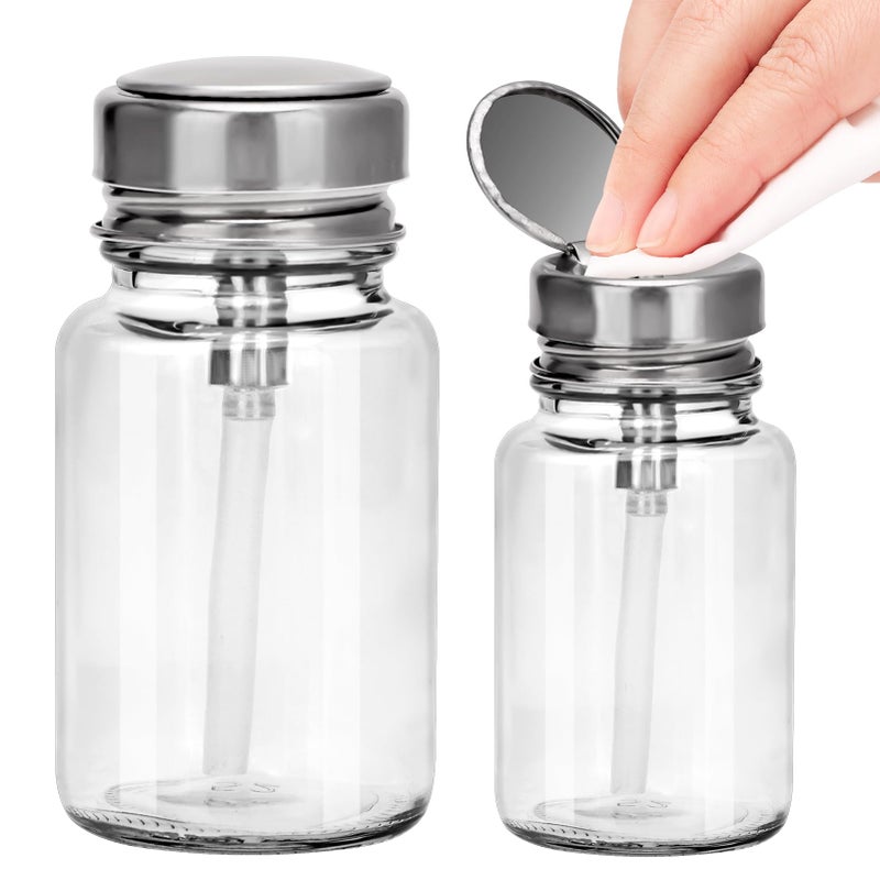 BARBERPLAN 100ML Pump Dispenser Bottle, Cylindrical Metal Flip Cover Clear Glass Bottle for Nail Polish Remover, Makeup Remover, Alcohol - Image 1