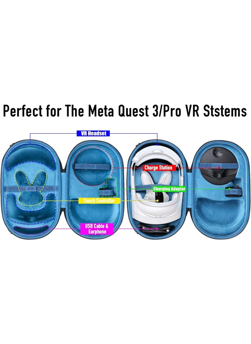 Aenllosi Hard Carrying Case Compatible with The Meta Oculus Quest 3/Pro VR Headset,Touch Controller,Charging Dock & Other Accessories(Black inner Blue,Case Only)