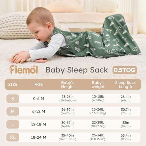 FIEMOL Baby Sleep Sack 6-12 months, 100% Cotton Sleeping Sack for Newborn and Infant, 3 Pack Baby Wearable Blanket, 0.5 Tog Lightweight Double Zipper Sleep Bag Medium Brown Green Lion - Image 4