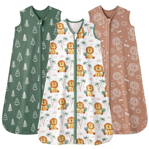 FIEMOL Baby Sleep Sack 6-12 months, 100% Cotton Sleeping Sack for Newborn and Infant, 3 Pack Baby Wearable Blanket, 0.5 Tog Lightweight Double Zipper Sleep Bag Medium Brown Green Lion - Image 1